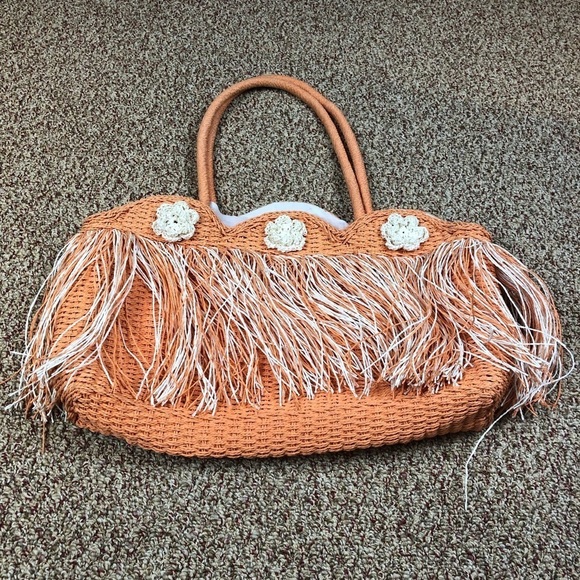 Orange and White Weaved Tote Bag - Picture 1 of 3